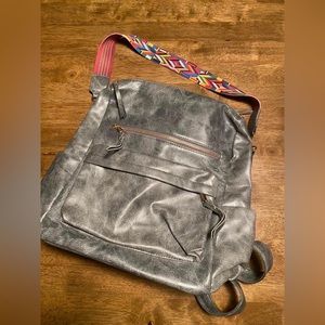 Grey Faux Leather Backpack Purse with Strap